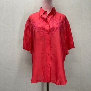 Marnie West Silk Embroidered Short Sleeve Red Button Up Shirt Womens Size M